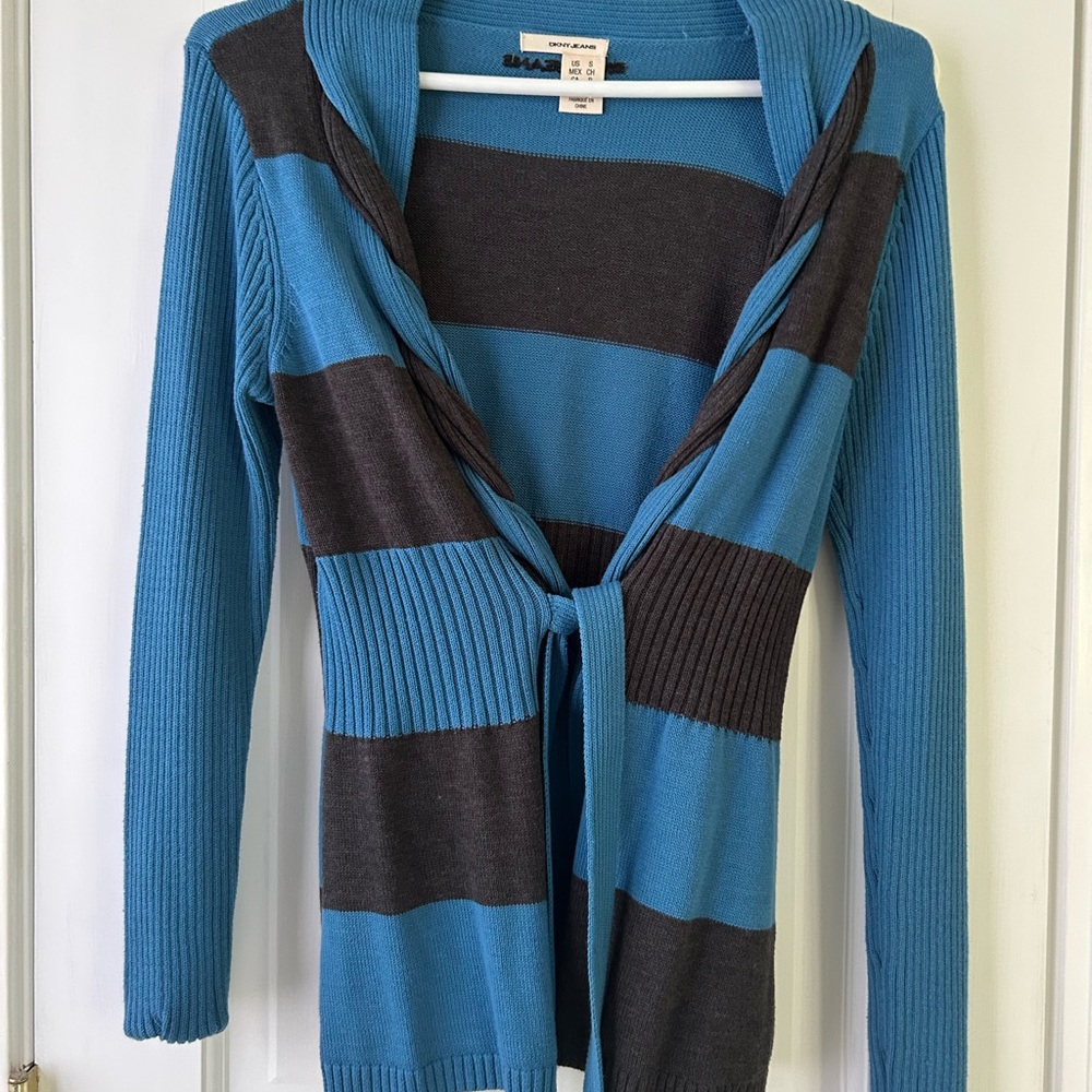 DKNY Blue and Gray Striped Cardigan